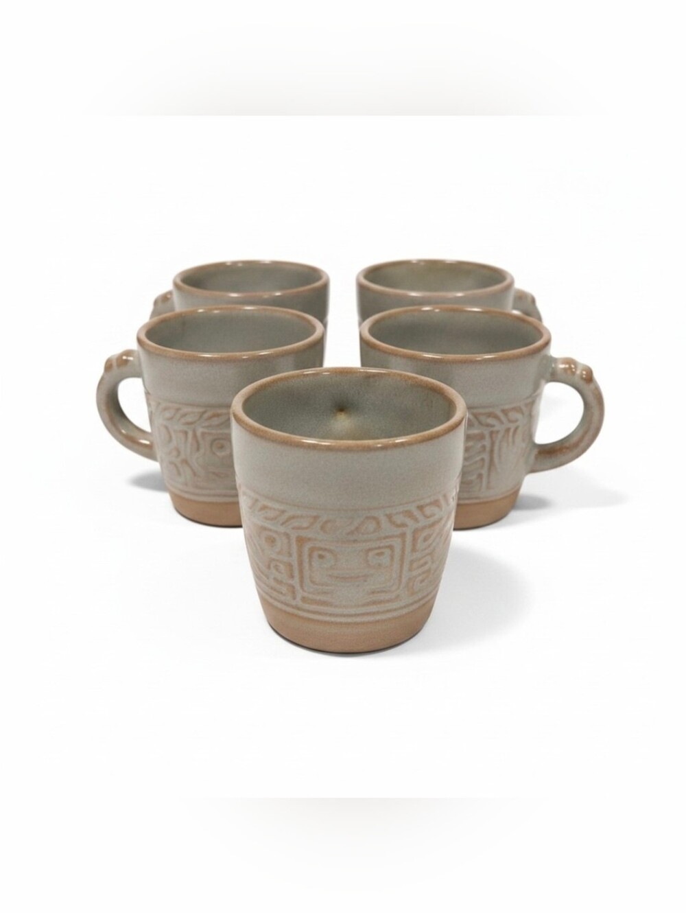 FRANKOMA Pottery Mugs /Cup 7C Blue /Green Mayan Aztec Set Of 5 Vintage MCM EUC